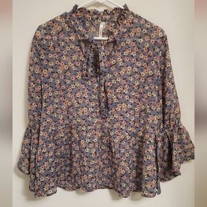 Moon Orchid Floral Ruffle Women's Top Size Large Cottagecore Peasant Boho